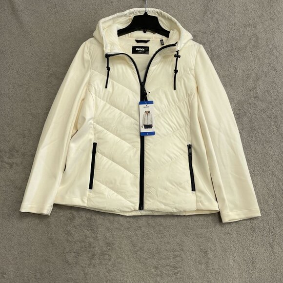 DKNY Women's L Hooded Quilted Jacket With Black Zipper Pockets Ivory i1712 - Picture 2 of 10